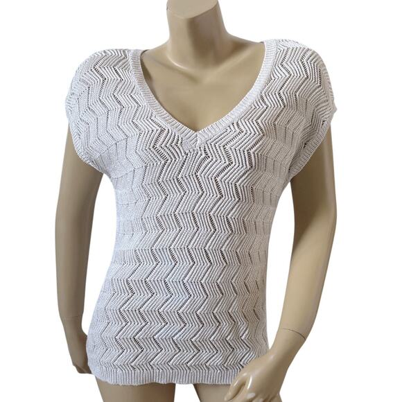 WHITE HOUSE BLACK MARKET Womens Size Large Chevron Stitched Sheer V Neck Sweater - Picture 1 of 7